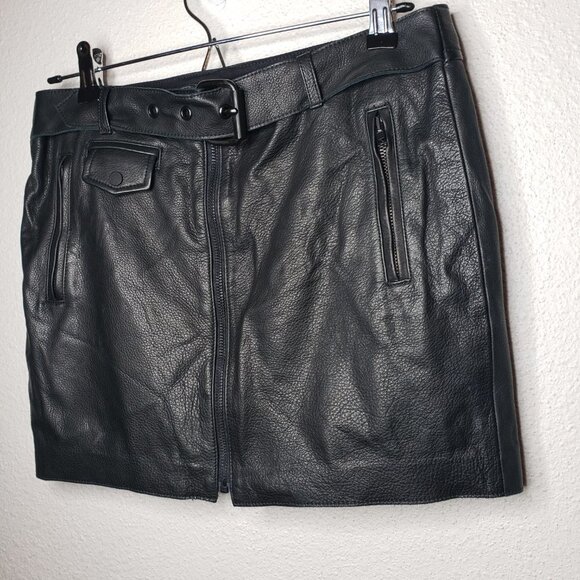 A.L.C. Sz 6 Black Leather Skirt Belted Moto Mini , Zip Pockets, Lined - Picture 2 of 7